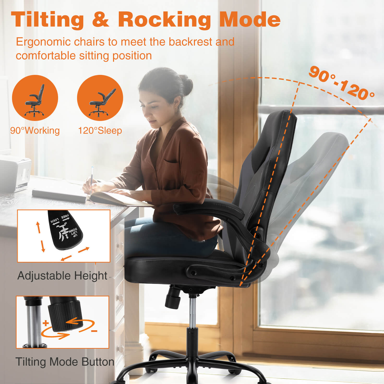 PU Leather Ergonomic Gaming Chair with Flip-up Armrests and Lumbar Support--Bedroom,Bedroom Chair,Home Office,Home Office Chair,Office,Office chair,Office Chair1