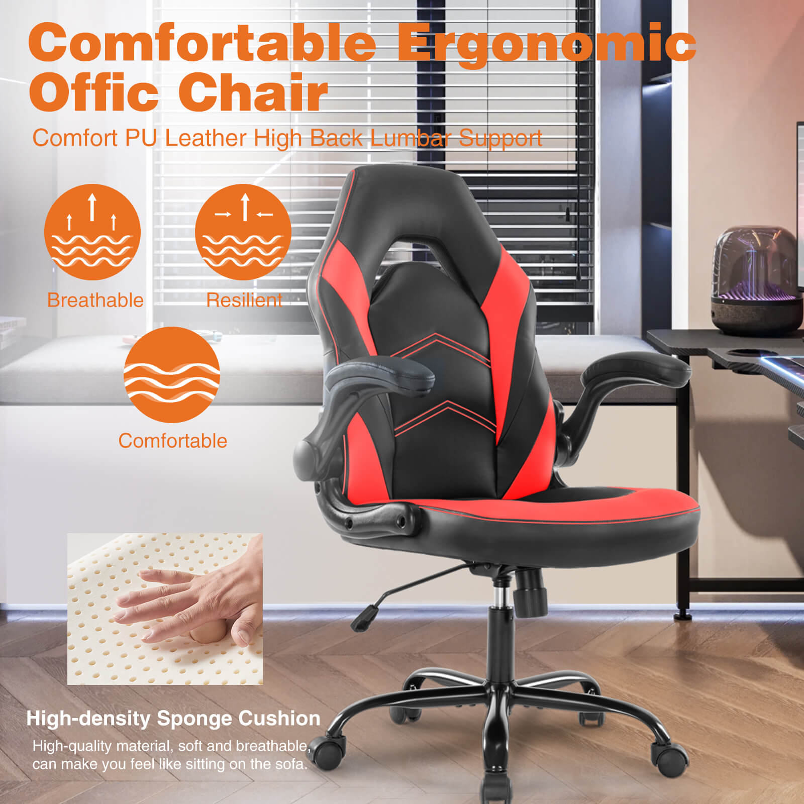 PU Leather Ergonomic Gaming Chair with Flip-up Armrests and Lumbar Support--Bedroom,Bedroom Chair,Home Office,Home Office Chair,Office,Office chair,Office Chair1