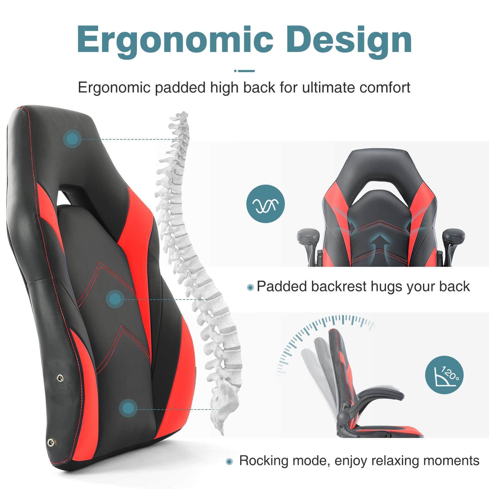 PU Leather Ergonomic Gaming Chair with Flip-up Armrests and Lumbar Support--Bedroom,Bedroom Chair,Home Office,Home Office Chair,Office,Office chair,Office Chair1