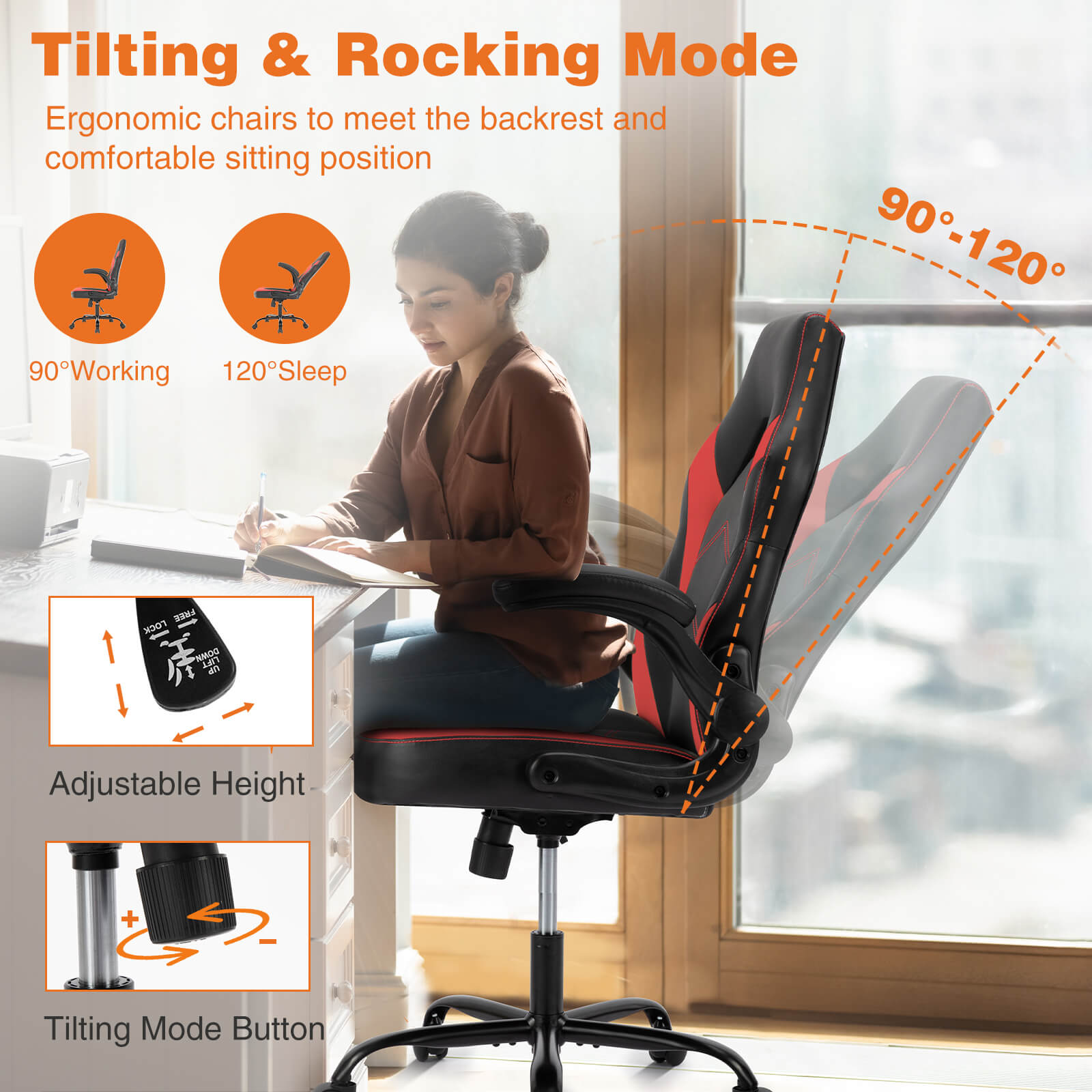 PU Leather Ergonomic Gaming Chair with Flip-up Armrests and Lumbar Support--Bedroom,Bedroom Chair,Home Office,Home Office Chair,Office,Office chair,Office Chair1