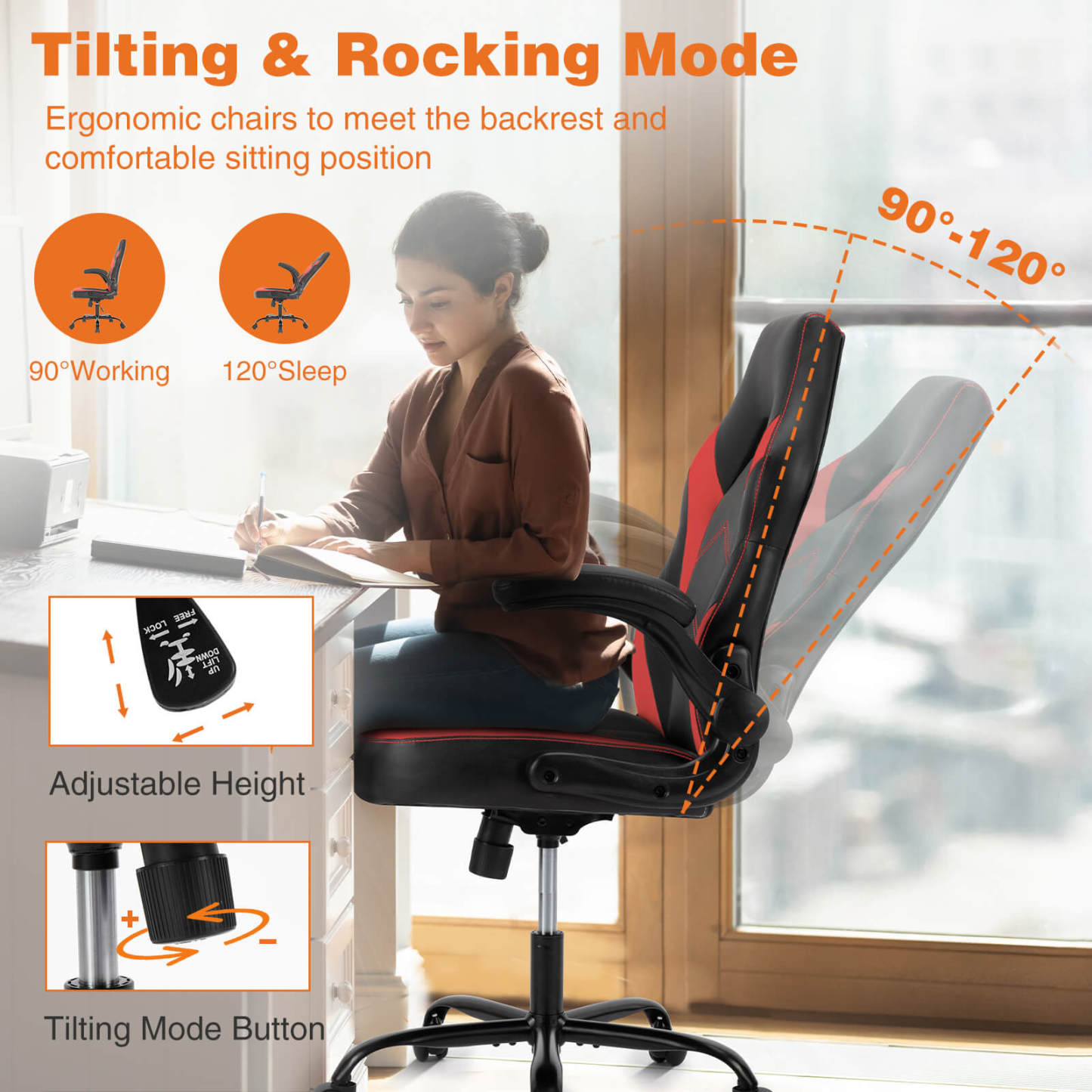 PU Leather Ergonomic Gaming Chair with Flip-up Armrests and Lumbar Support--Bedroom,Bedroom Chair,Home Office,Home Office Chair,Office,Office chair,Office Chair1