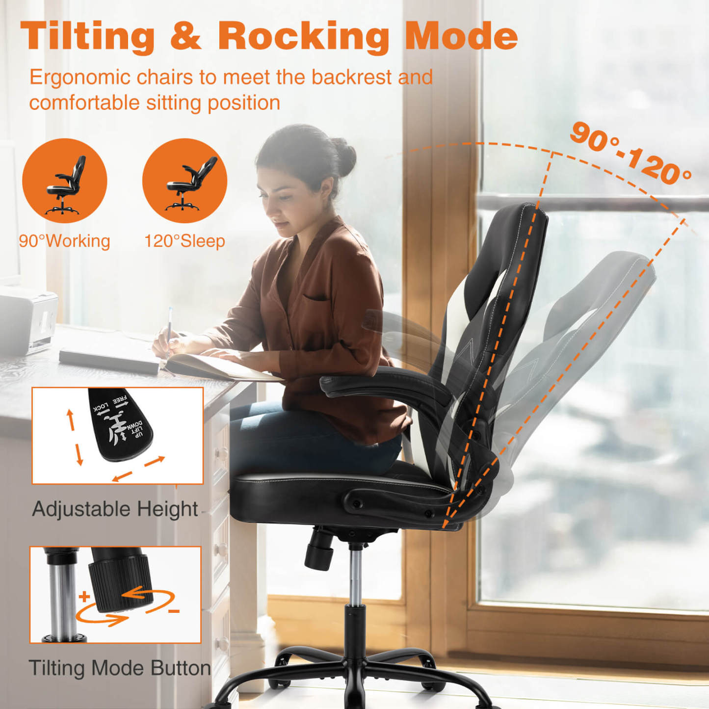 PU Leather Ergonomic Gaming Chair with Flip-up Armrests and Lumbar Support--Bedroom,Bedroom Chair,Home Office,Home Office Chair,Office,Office chair,Office Chair1