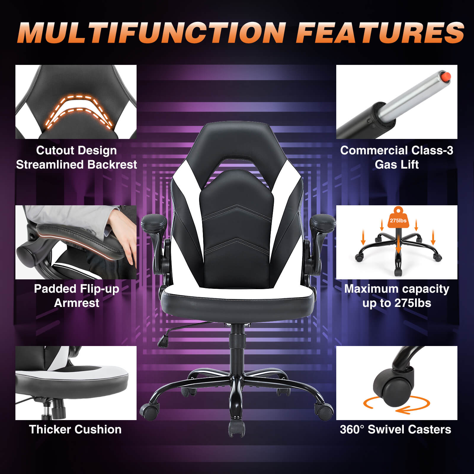 PU Leather Ergonomic Gaming Chair with Flip-up Armrests and Lumbar Support--Bedroom,Bedroom Chair,Home Office,Home Office Chair,Office,Office chair,Office Chair1