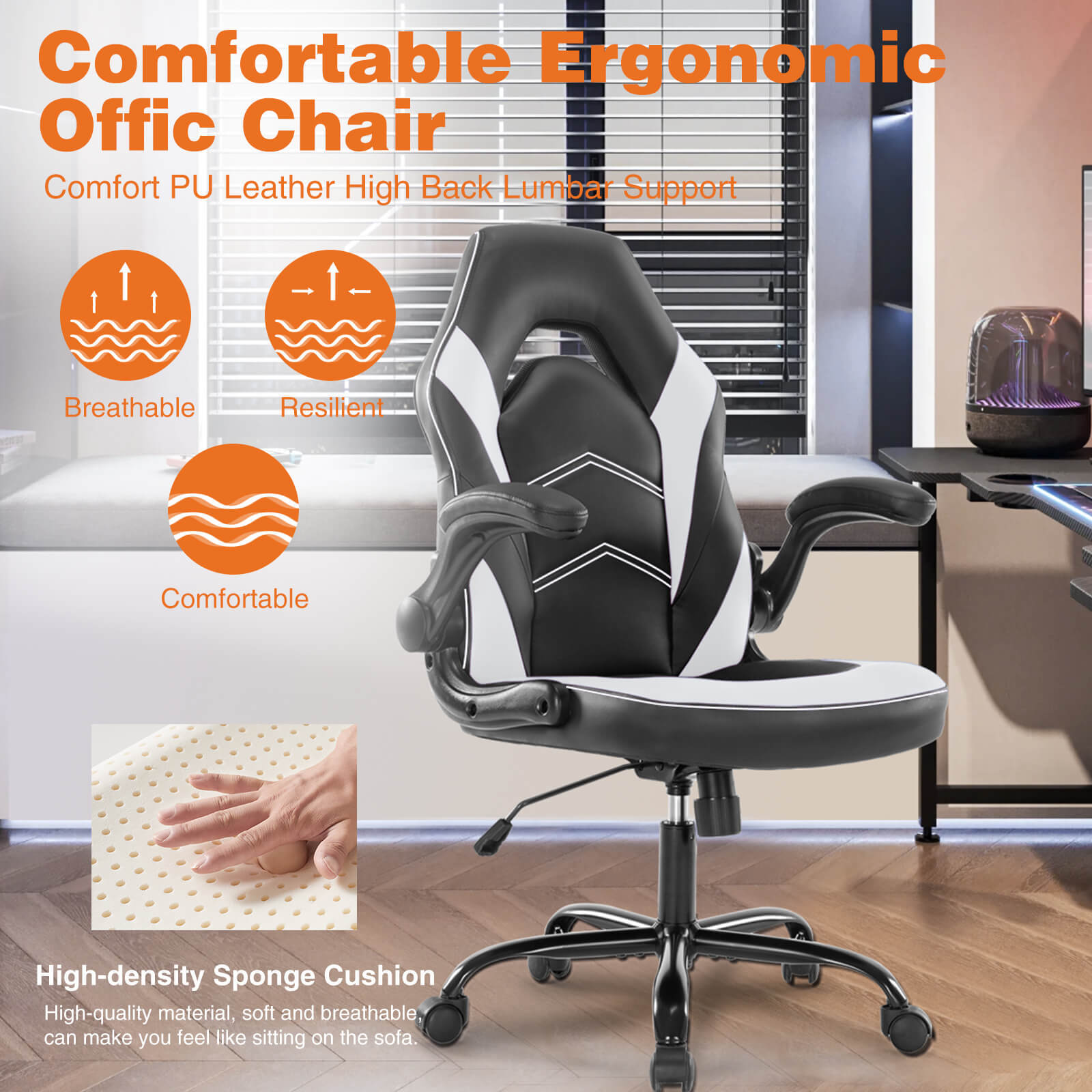 PU Leather Ergonomic Gaming Chair with Flip-up Armrests and Lumbar Support--Bedroom,Bedroom Chair,Home Office,Home Office Chair,Office,Office chair,Office Chair1