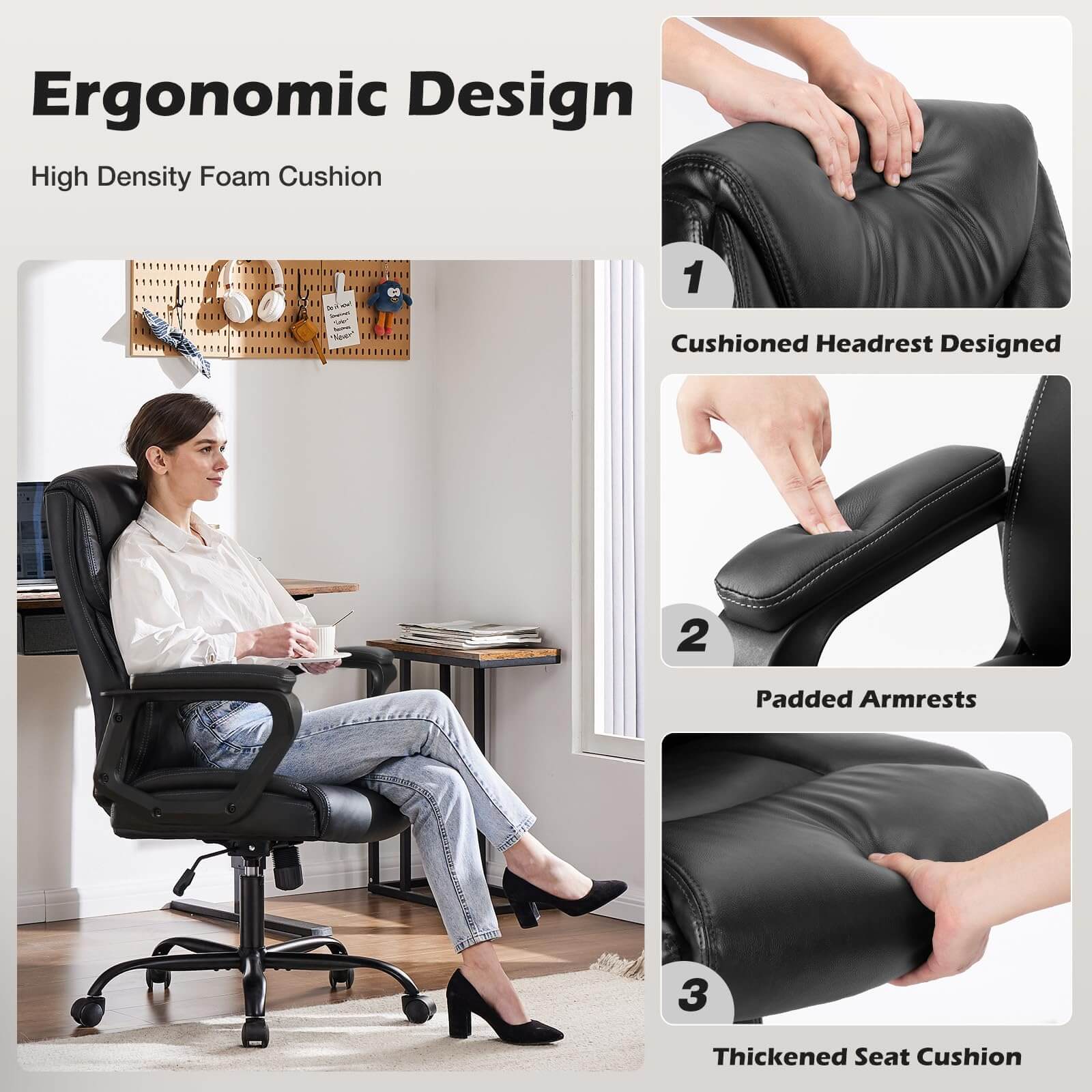 PU Leather Office Chair with Adjustable Flip-up Armrest,Lumbar Support, Strong Metal Base--Bedroom,Bedroom Chair,Home Office,Home Office Chair,Office,Office chair,Office Chair1