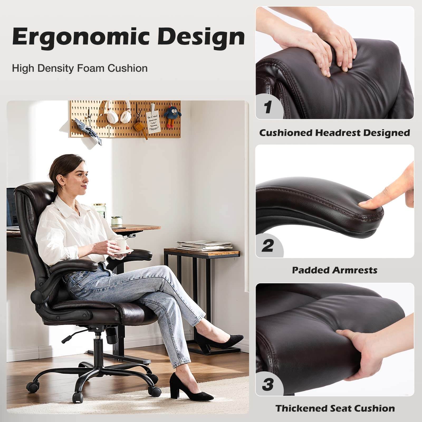 PU Leather Office Chair with Adjustable Flip-up Armrest,Lumbar Support, Strong Metal Base--Bedroom,Bedroom Chair,Home Office,Home Office Chair,Office,Office chair,Office Chair1