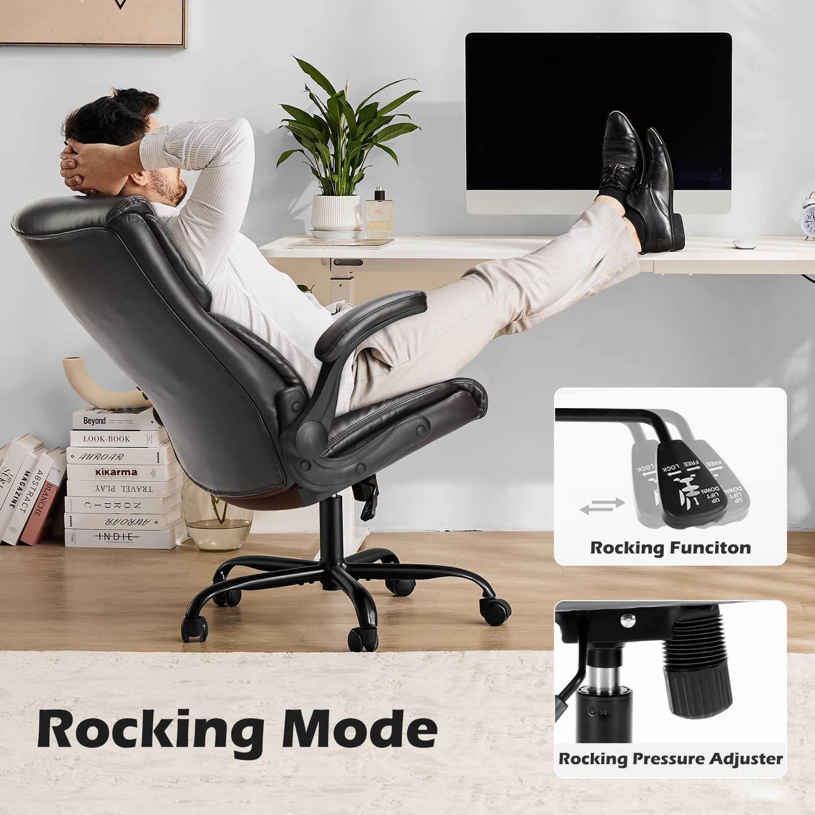 PU Leather Office Chair with Adjustable Flip-up Armrest,Lumbar Support, Strong Metal Base--Bedroom,Bedroom Chair,Home Office,Home Office Chair,Office,Office chair,Office Chair1