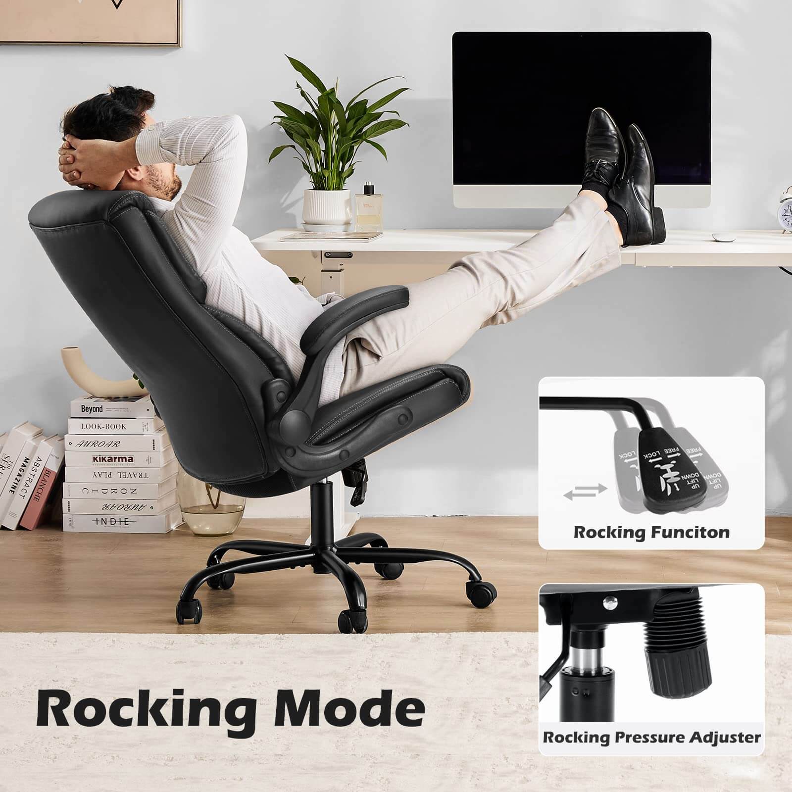 PU Leather Office Chair with Adjustable Flip-up Armrest,Lumbar Support, Strong Metal Base--Bedroom,Bedroom Chair,Home Office,Home Office Chair,Office,Office chair,Office Chair1