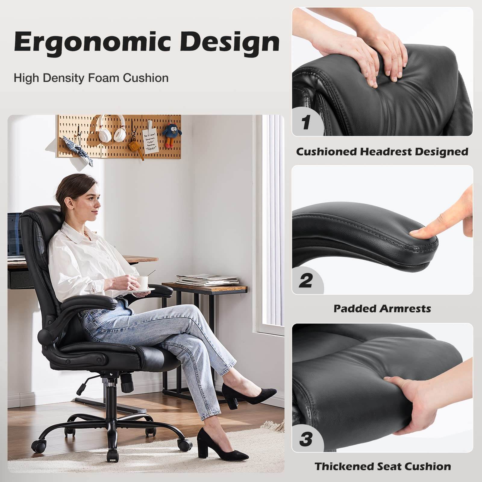 PU Leather Office Chair with Adjustable Flip-up Armrest,Lumbar Support, Strong Metal Base--Bedroom,Bedroom Chair,Home Office,Home Office Chair,Office,Office chair,Office Chair1