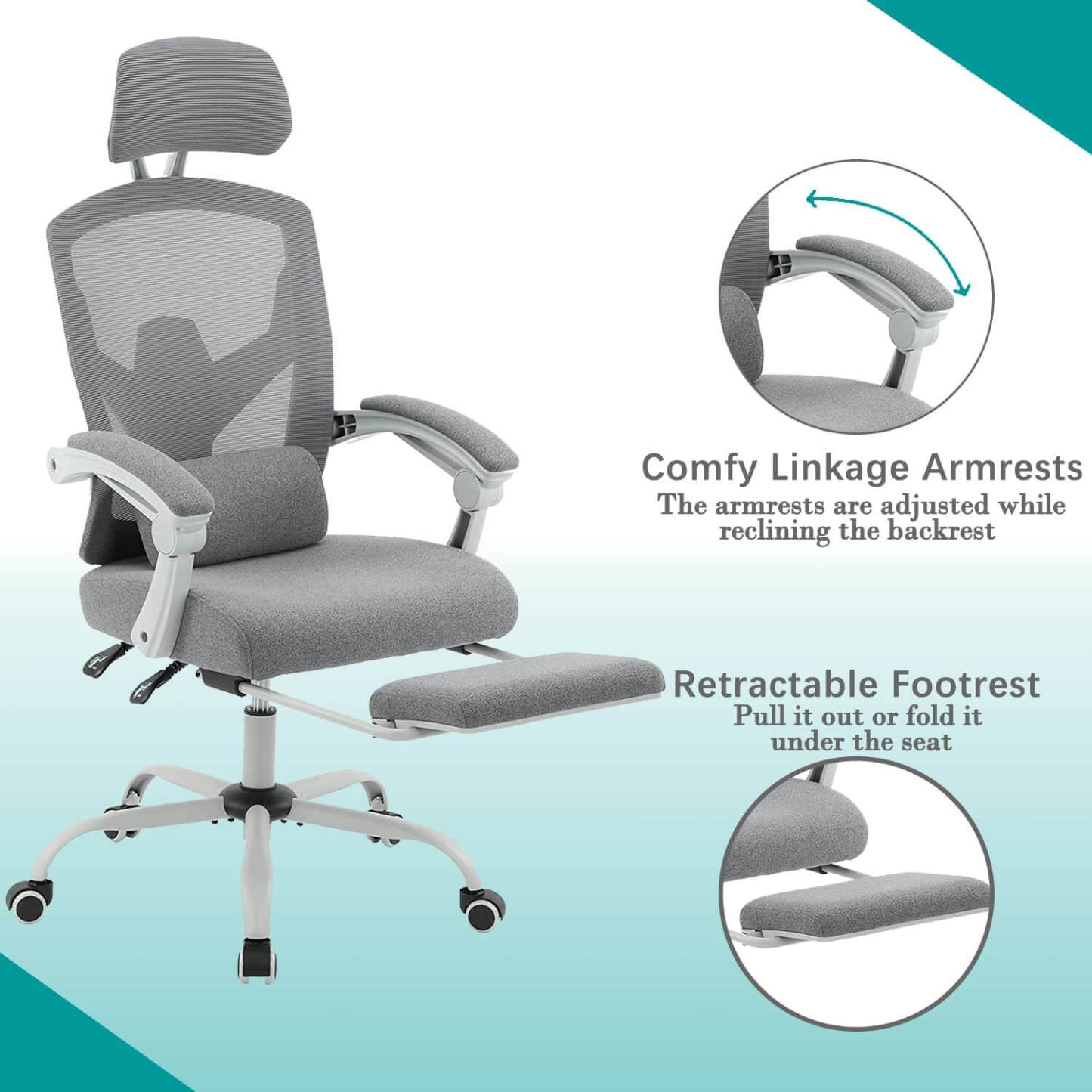 Retractable Footrest Ergonomic Swivel Office Chair with Lumbar Support Pillow and Padded Armrests--Bedroom,Bedroom Chair,Home Office,Home Office Chair,Office,Office chair,Office Chair1