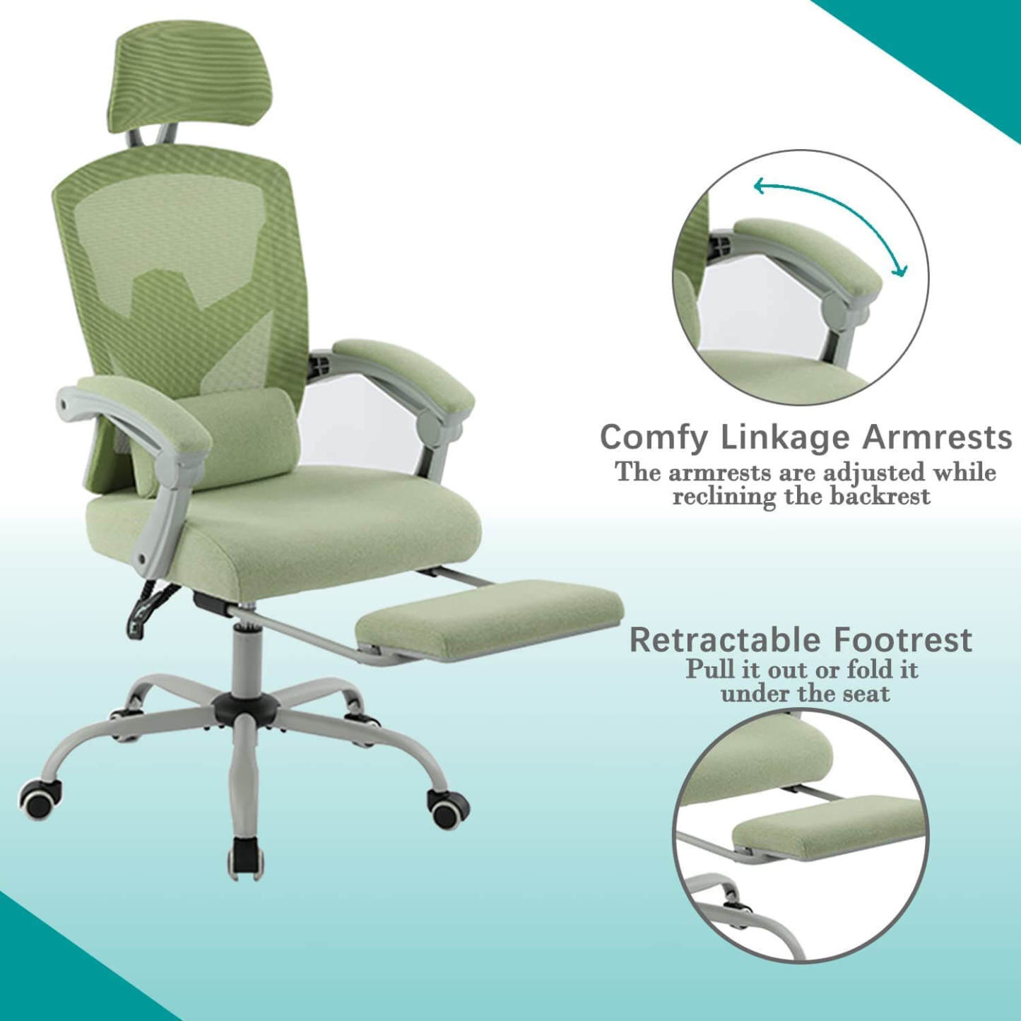Retractable Footrest Ergonomic Swivel Office Chair with Lumbar Support Pillow and Padded Armrests--Bedroom,Bedroom Chair,Home Office,Home Office Chair,Office,Office chair,Office Chair1