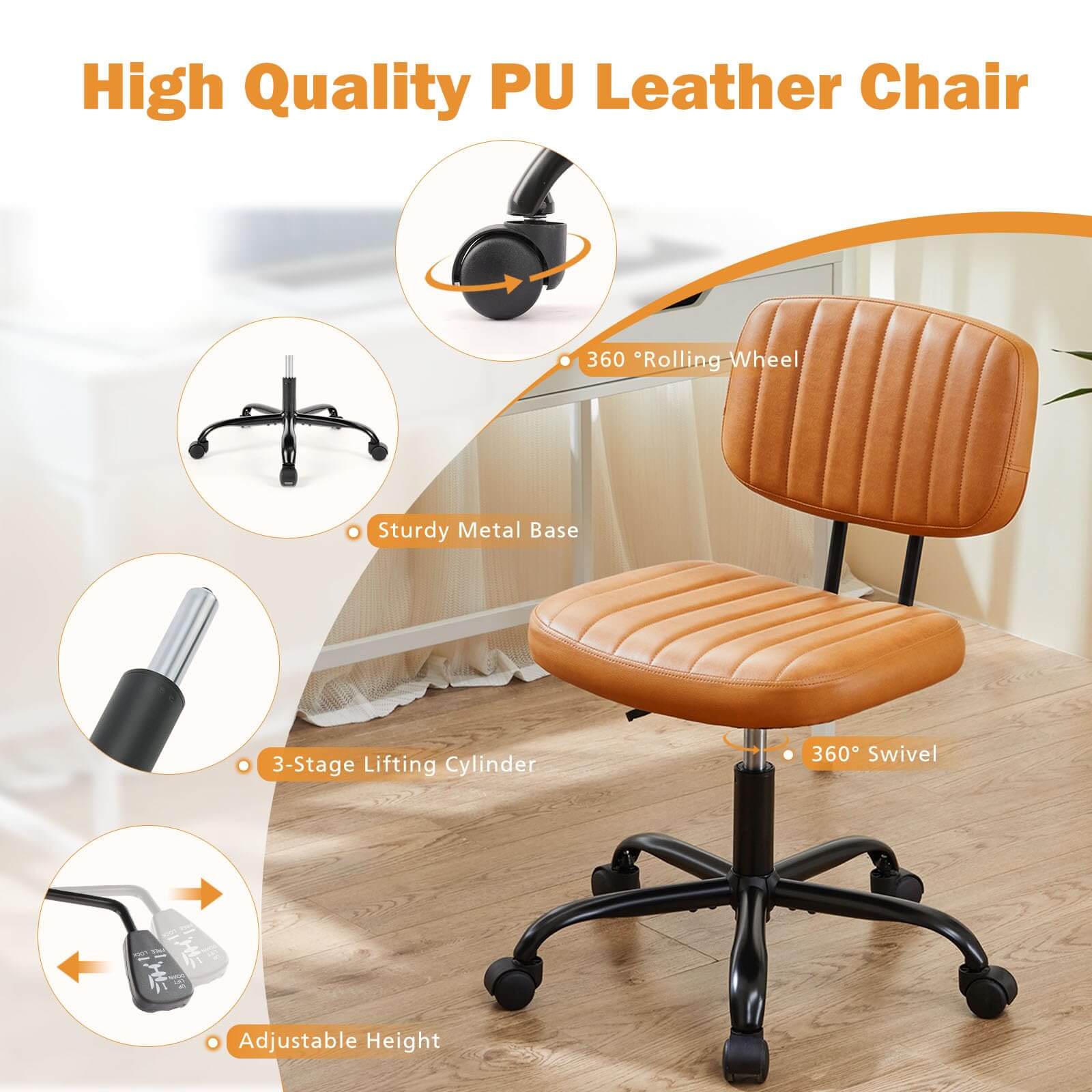 Adjustable Height 360° Rolling Swivel Computer Task Chair without Arm--Home Office,Home Office Chair,Living Room,Living Room Chair,Office,Office chair,Office Chair1