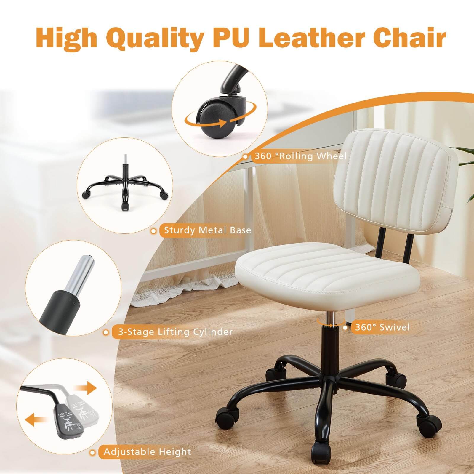 Adjustable Height 360° Rolling Swivel Computer Task Chair without Arm--Home Office,Home Office Chair,Living Room,Living Room Chair,Office,Office chair,Office Chair1