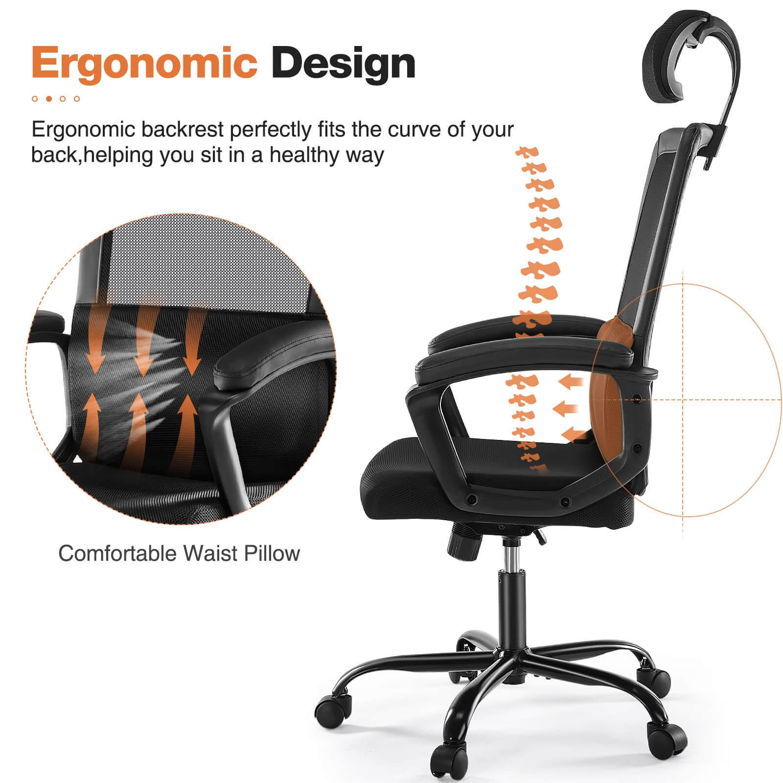High Back Ergonomic Swivel Office Chair with Adjustable Headrest and Lumbar Support--Bedroom,Bedroom Chair,Home Office,Home Office Chair,Office,Office chair,Office Chair1
