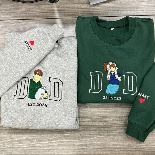 The Year He Became Dad – Custom Embroidered Portrait Sweatshirt or Tee