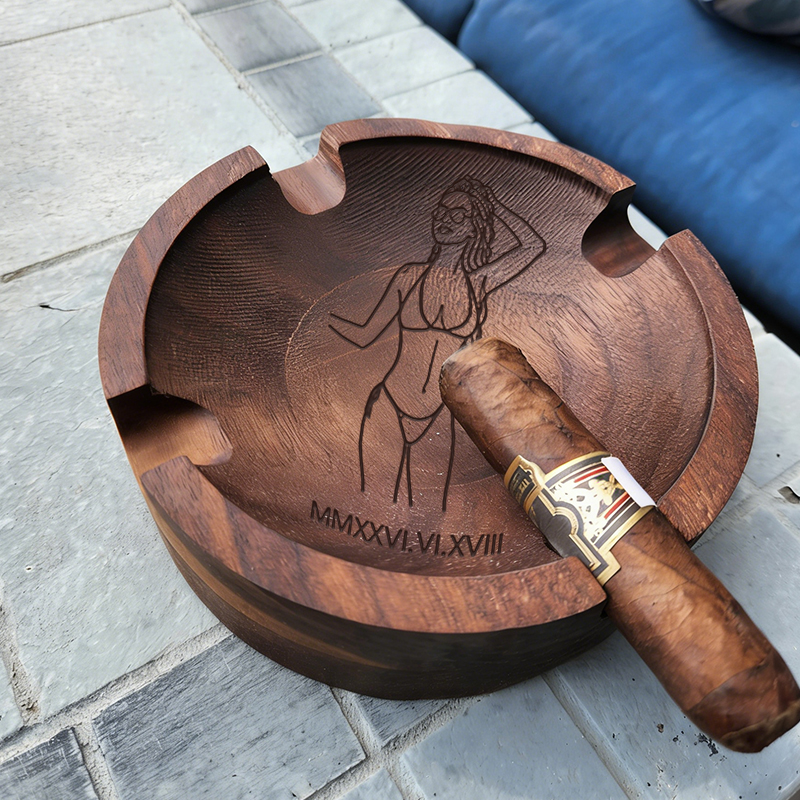 Custom Engraved Cigar Ashtray in Solid Walnut With Sexy Portrait – Perfect Gift for Him 🔥