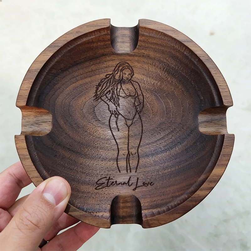 Custom Engraved Cigar Ashtray in Solid Walnut With Sexy Portrait – Perfect Gift for Him 🔥