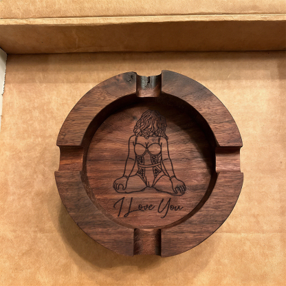 Custom Engraved Cigar Ashtray in Solid Walnut With Sexy Portrait – Perfect Gift for Him 🔥