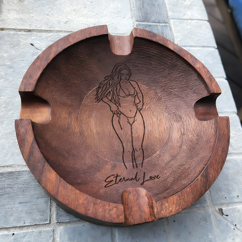 Custom Engraved Cigar Ashtray in Solid Walnut With Sexy Portrait – Perfect Gift for Him 🔥