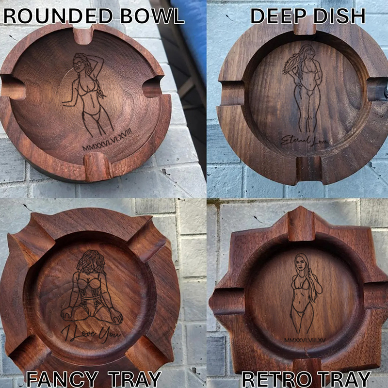 Custom Engraved Cigar Ashtray in Solid Walnut With Sexy Portrait – Perfect Gift for Him 🔥