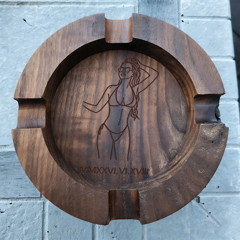 Custom Engraved Cigar Ashtray in Solid Walnut With Sexy Portrait – Perfect Gift for Him 🔥