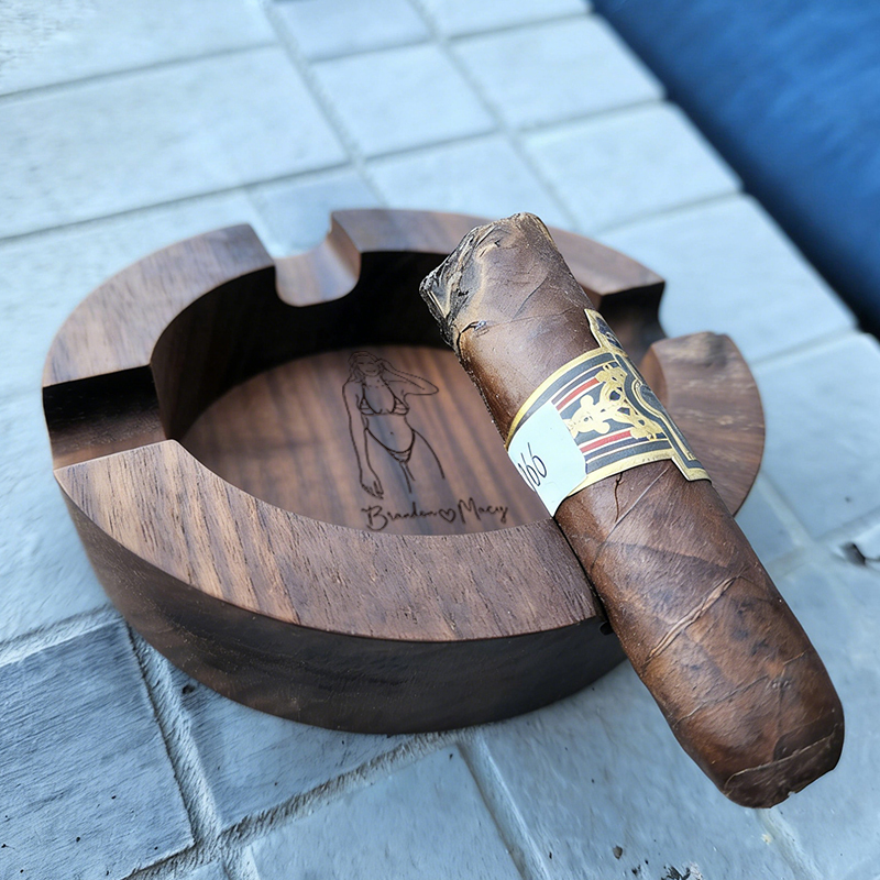 Custom Engraved Cigar Ashtray in Solid Walnut With Sexy Portrait – Perfect Gift for Him 🔥