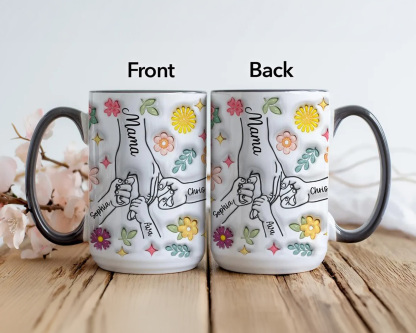 Personalized Mom Hands Mug Cap – Custom Names Gift for Mom,Mothers Day Gifts from Children