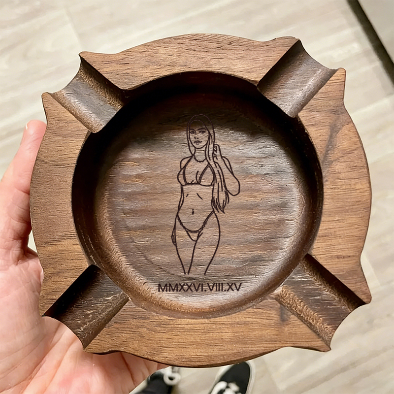 Custom Engraved Cigar Ashtray in Solid Walnut With Sexy Portrait – Perfect Gift for Him 🔥
