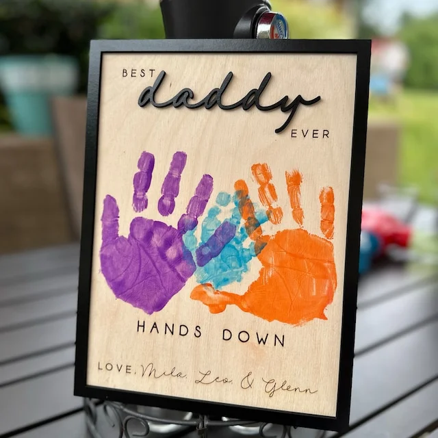 Personalized Engraved Celebrate Dad with Handprints Wooden Sign