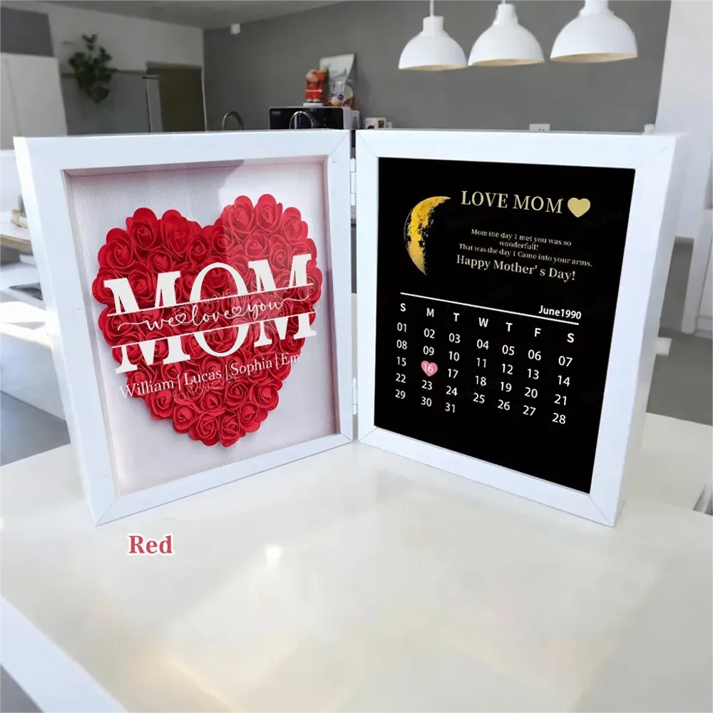  Mom We Love You With REAL MOON PHASE Anniversary Calendar - Personalized Flower Shadow Box-Creatgifts