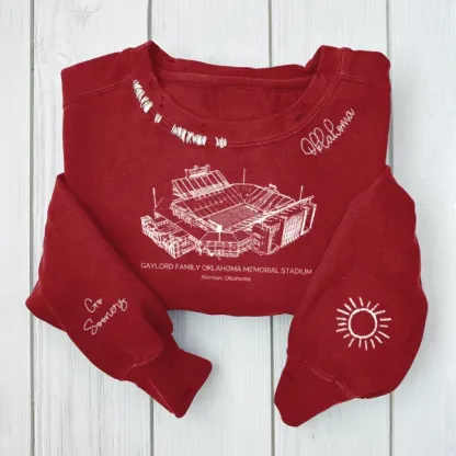 Gaylord Family Oklahoma Memorial Stadium - Oklahoma Sooners football Unisex Distressed Monogram Collar Sleeve Embroidery Chain Stitch Sweatshirt