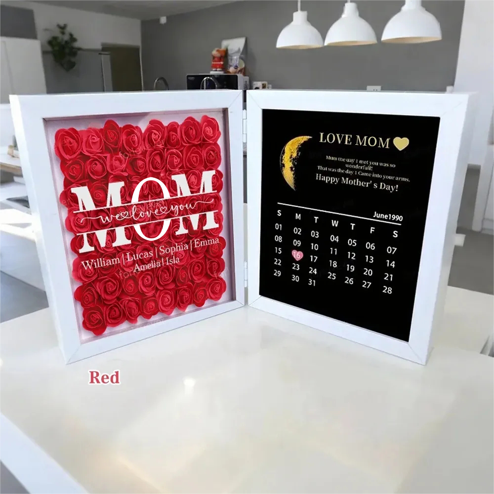  Mom We Love You With REAL MOON PHASE Anniversary Calendar - Personalized Flower Shadow Box-Creatgifts