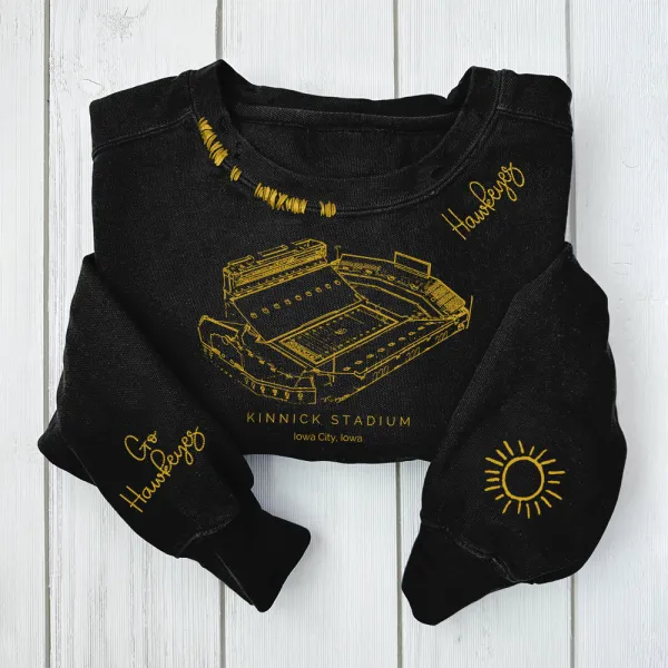 Kinnick Stadium - Iowa Hawkeyes football Unisex Distressed Monogram Collar Sleeve Embroidery Chain Stitch Sweatshirt