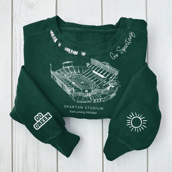 Spartan Stadium - Michigan State Spartans football Unisex Distressed Monogram Collar Sleeve Embroidery Chain Stitch Sweatshirt