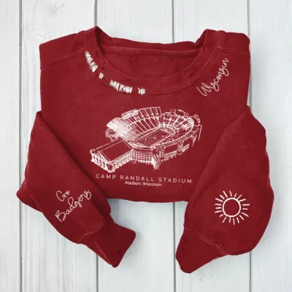 Camp Randall Stadium - Wisconsin Badgers football Unisex Distressed Monogram Collar Sleeve Embroidery Chain Stitch Sweatshirt