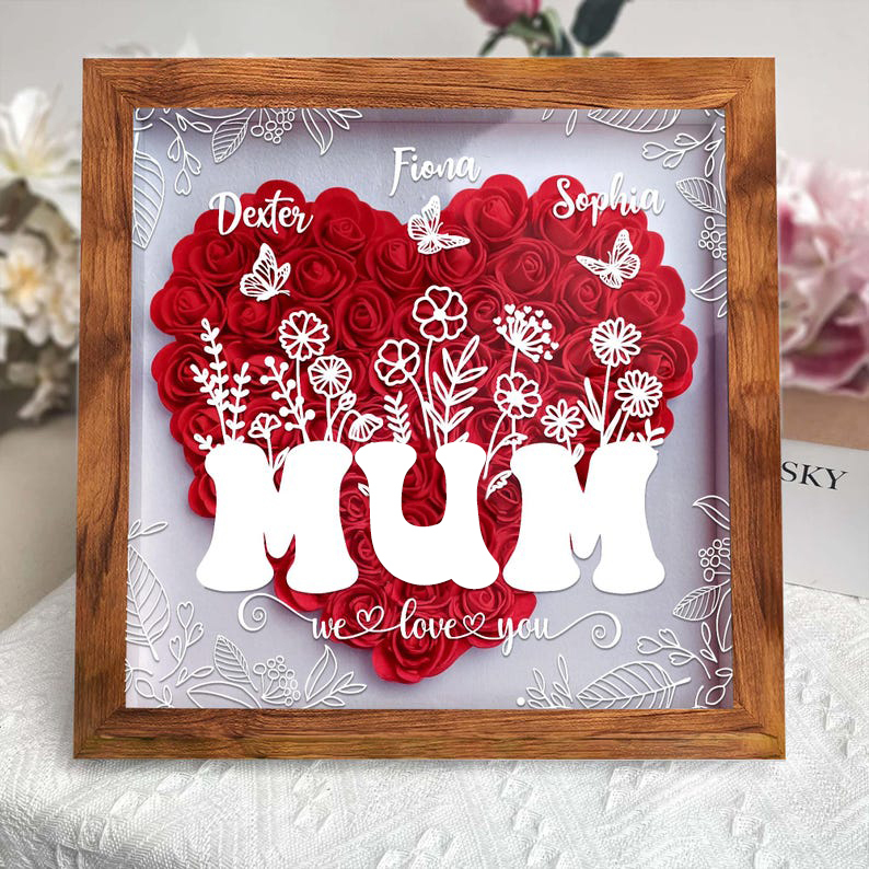 Personalized Flower Heart Shadow Box for Mom, Roses Shadowbox with Kid Names, Custom Frame Gift for Mother's Day, Gift for Mom and Grandma-Creatgifts