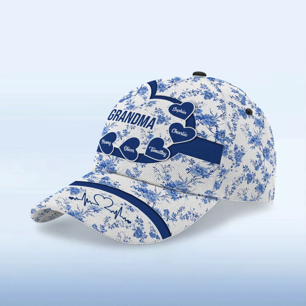 Grandma Mom Blue Heart Floral Chinoiserie Patterned - Personalized Classic Cap - Gift For Mom, Grandma, Mother's Day, Birthday Gift