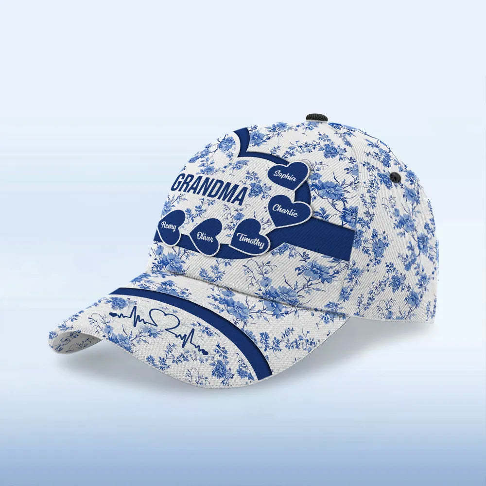 Grandma Mom Blue Heart Floral Chinoiserie Patterned - Personalized Classic Cap - Gift For Mom, Grandma, Mother's Day, Birthday Gift