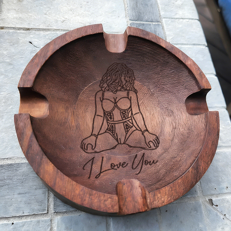 Custom Engraved Cigar Ashtray in Solid Walnut With Sexy Portrait – Perfect Gift for Him 🔥