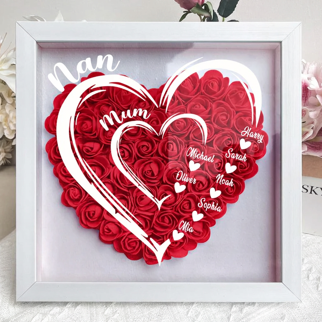 Mom Grandma Hearts Custom Kids' Names - Personalized Flower Shadow Box With LED Light