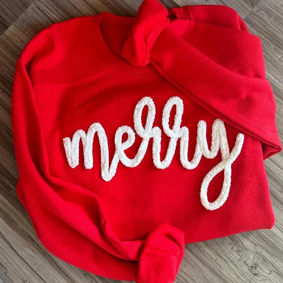 Custom Chenille Yarn Embroidered Merry Sweatshirt