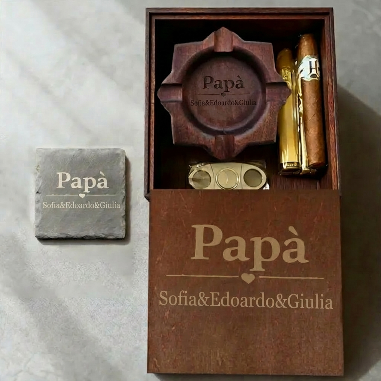 Custom Engraved Cigar Ashtray in Solid Walnut – Perfect Gift for Dad