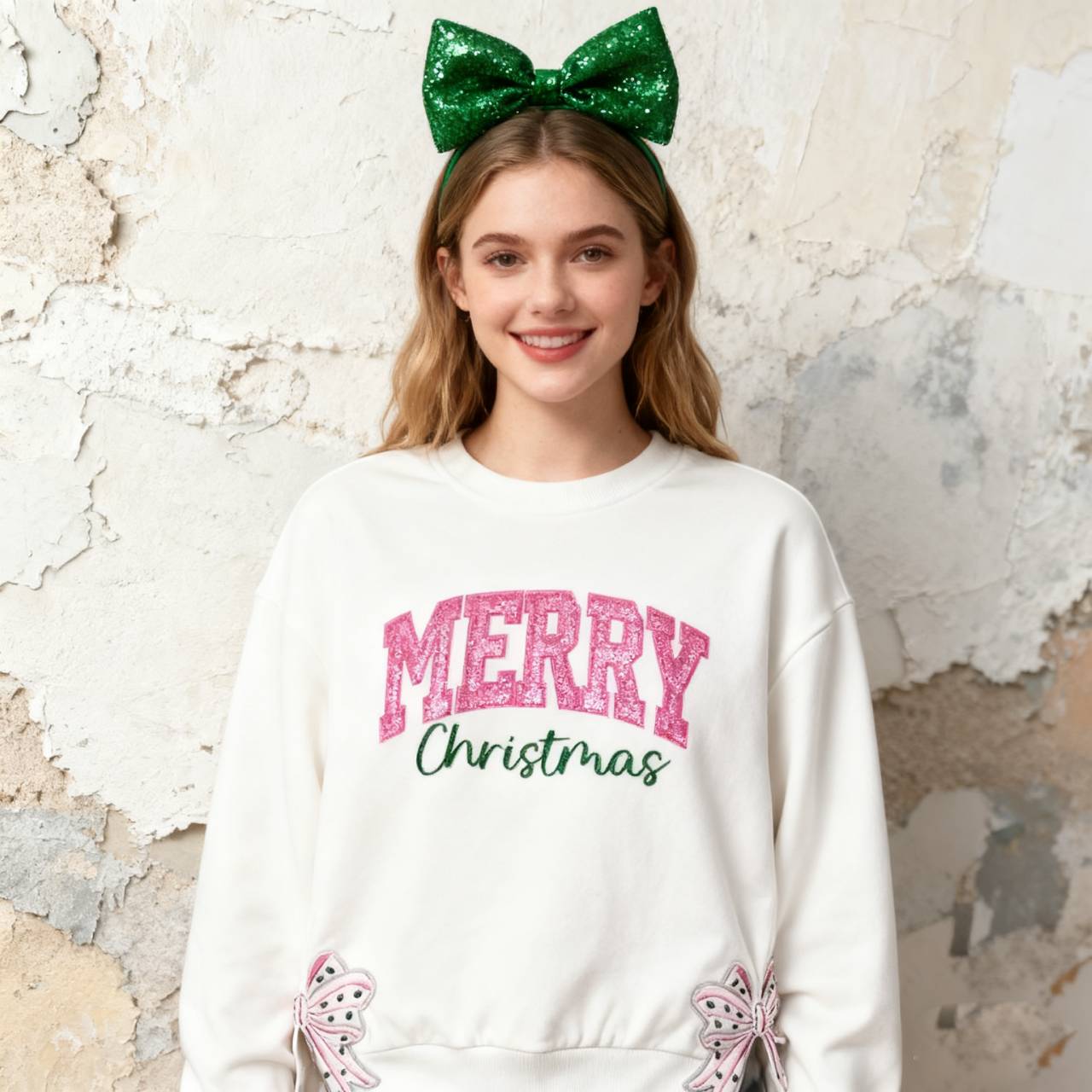 Custom Merry Christmas Glitter Sweatshirt with Bow, Holiday Outfit for Women