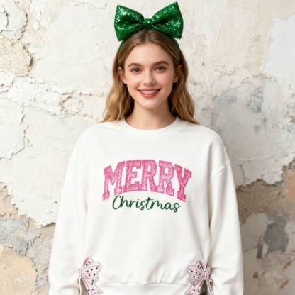 Custom Merry Christmas Glitter Sweatshirt with Bow, Holiday Outfit for Women