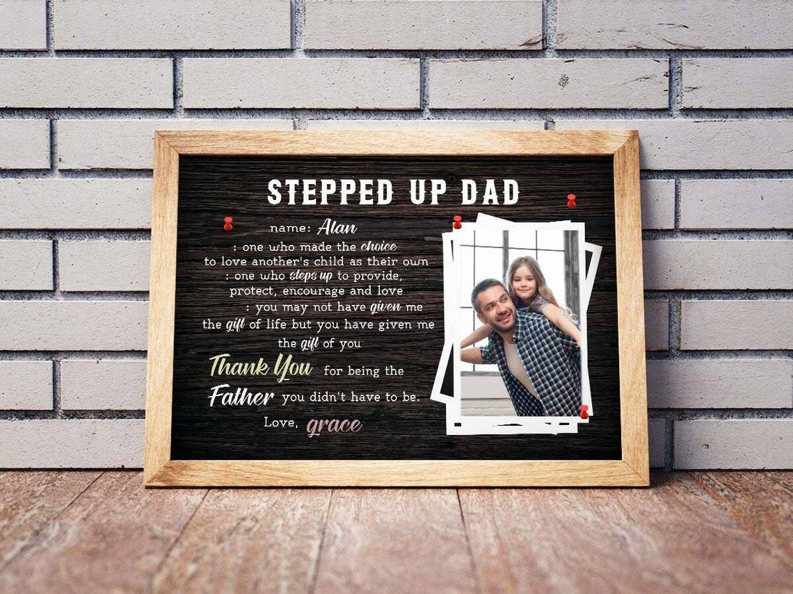 Personalized Dads Photo Poster, Stepped Up Dad Canvas With Kids Name, Step Dad Photo Wall Art, Fathers Day Gift For Bonus Dad, Thank You Dad