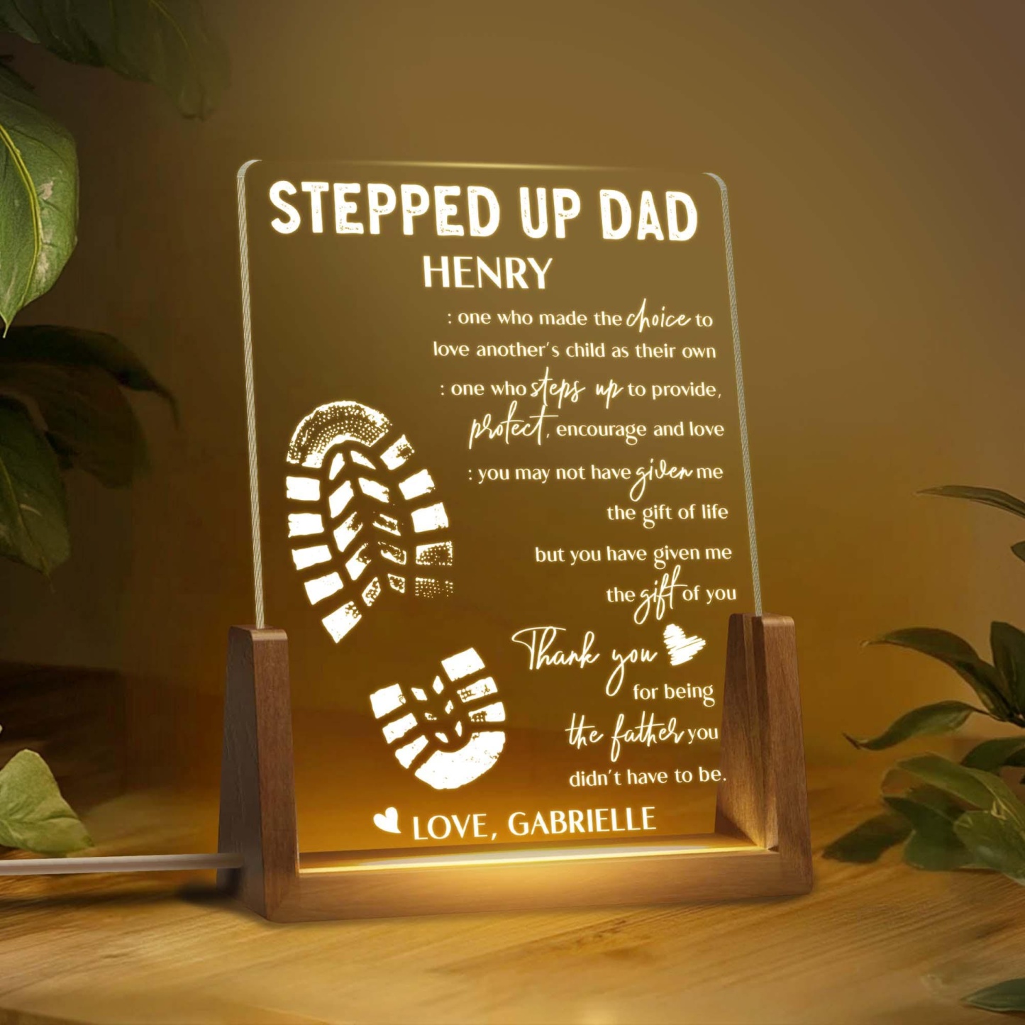 Stepped Up Dad Personalized Gift Led Night Light, Father's Day Gifts From Kids Custom Desk Name, Step Dad Fathers Day Gift, Bonus Dad Gift