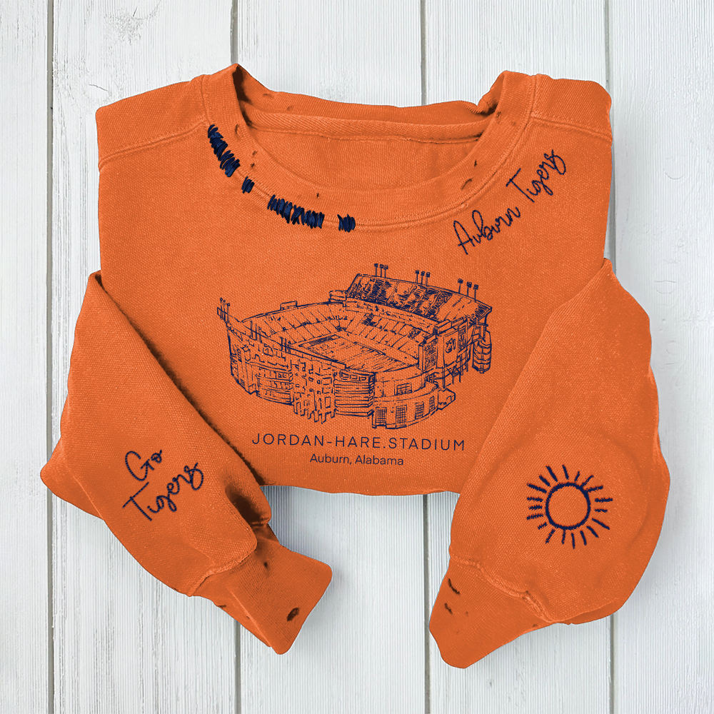 Jordan-Hare Stadium - Auburn Tigers football Unisex Distressed Monogram Collar Sleeve Embroidery Chain Stitch Sweatshirt