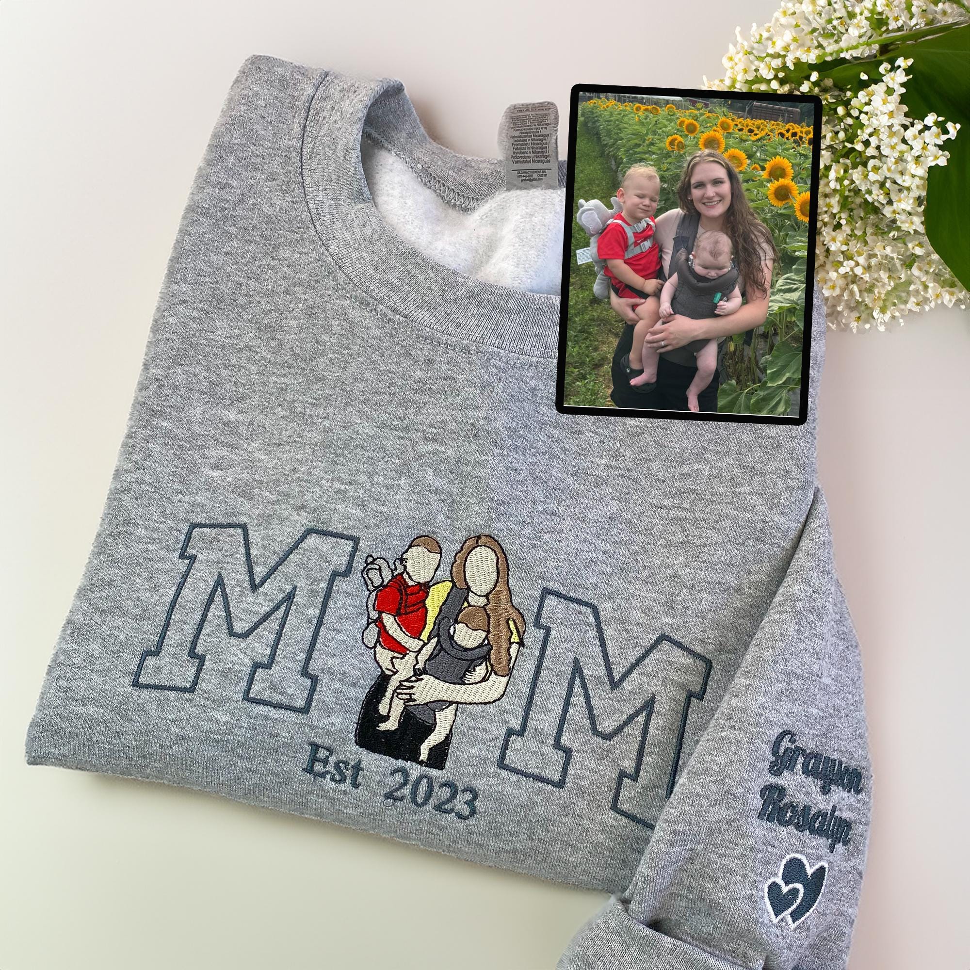 Mama Sweatshirt with Photo, Custom Embroidered Hoodie Mama and Kids Portrait, Varsity Shirt, Custom Embroidery Shirt For Mom Mama Mommy-Creatgifts