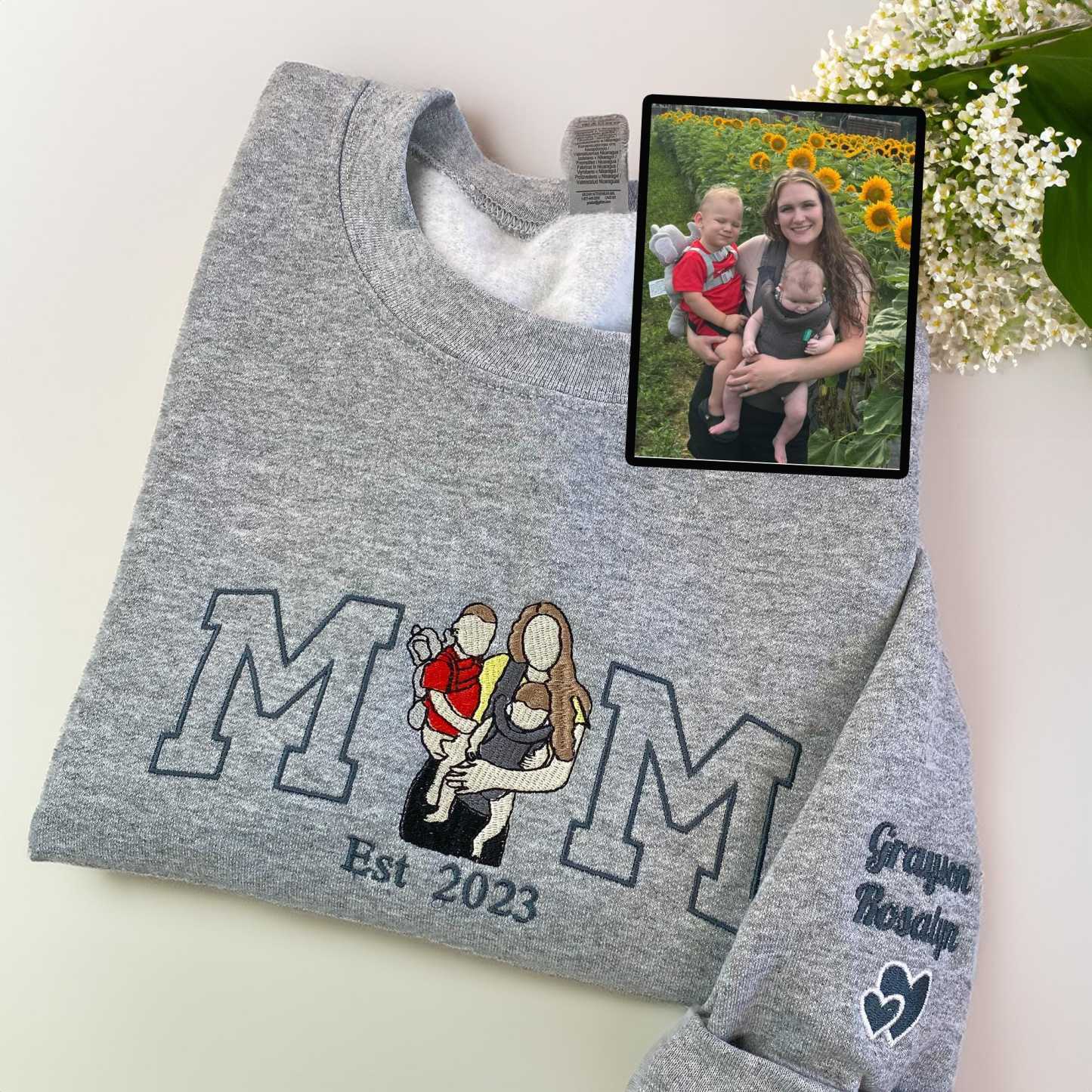Mama Sweatshirt with Photo, Custom Embroidered Hoodie Mama and Kids Portrait, Varsity Shirt, Custom Embroidery Shirt For Mom Mama Mommy-Creatgifts