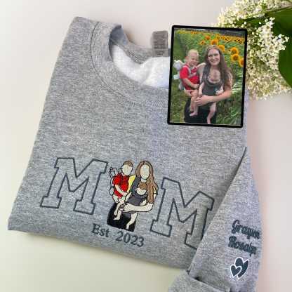 Mama Sweatshirt with Photo, Custom Embroidered Hoodie Mama and Kids Portrait, Varsity Shirt, Custom Embroidery Shirt For Mom Mama Mommy-Creatgifts